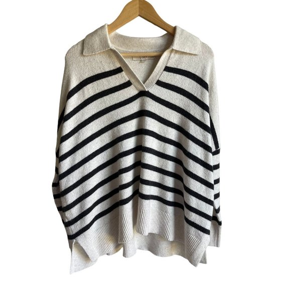 LOFT Cream Blue Striped Boxy Dolman Sleeve Sweater Cotton Blend Size L Petite - Picture 1 of 7